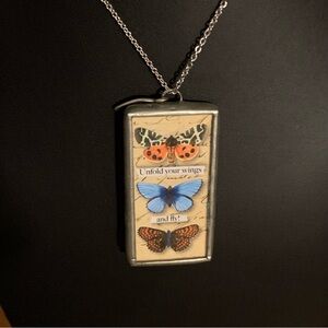Jewel Kade Butterfly Pendant Necklace 2 Sides Silver Tone
